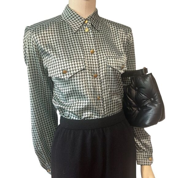 Basler Vintage Light Blue Houndstooth Satin Pajama Style Blouse Button Down Top - Picture 1 of 11
